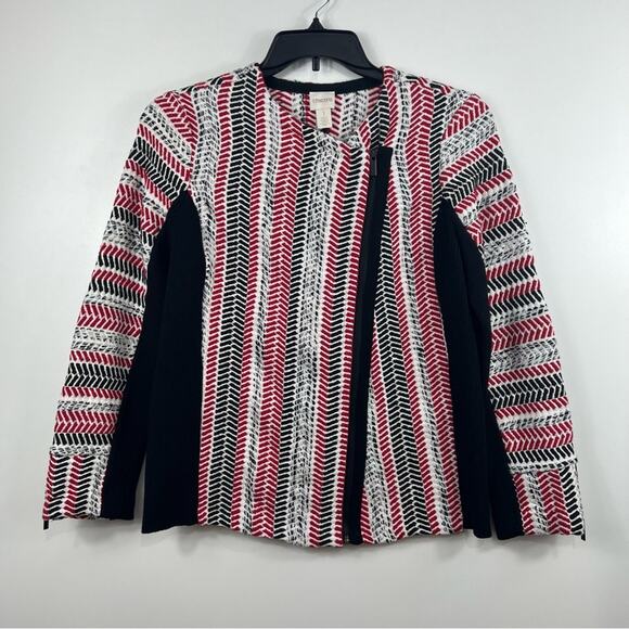 Chico's Striped Asymmetrical Zip Moto Jacket Med Mixed Woven Ribbed Knit Fall - Picture 10 of 10